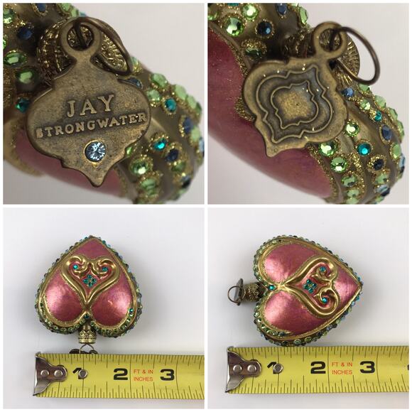 Jay Strongwater Heart Ornament Blown Glass Hand Painted Swarovski Detail Glitter - Picture 12 of 13